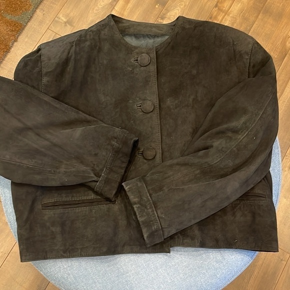 Black suede leather set XL cropped jacket pockets & M/L fit/flare suede skirt - Picture 11 of 16